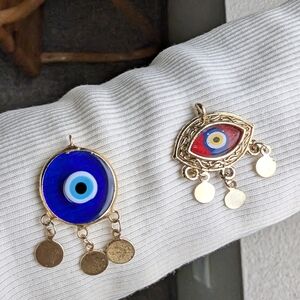 2 Gold Plated and Blue Evil Eye Pendants From Türkiye